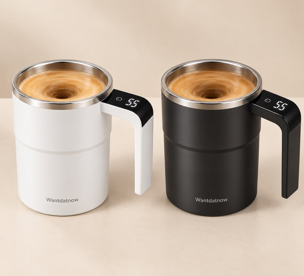 Black and white WantDatNow self-stirring cups with coffee