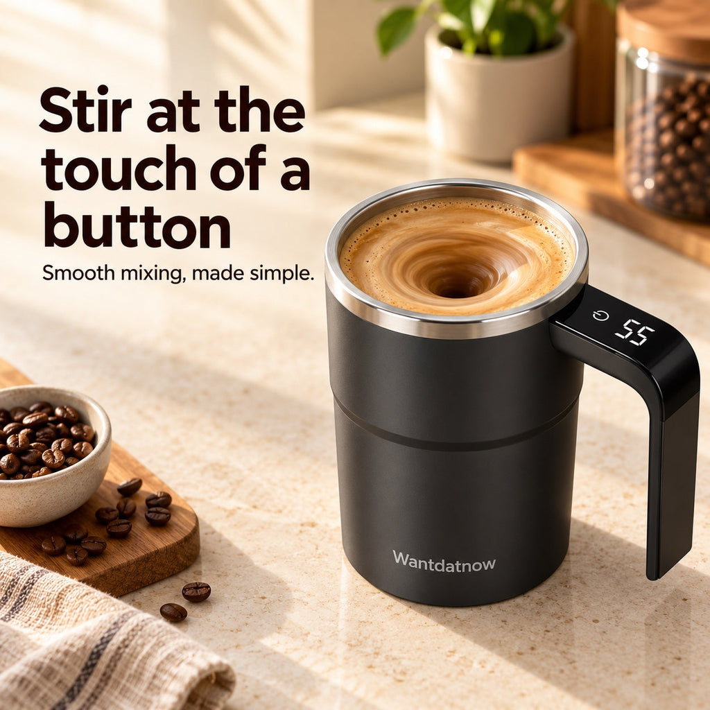 Black WantDatNow self-stirring coffee cup with coffee