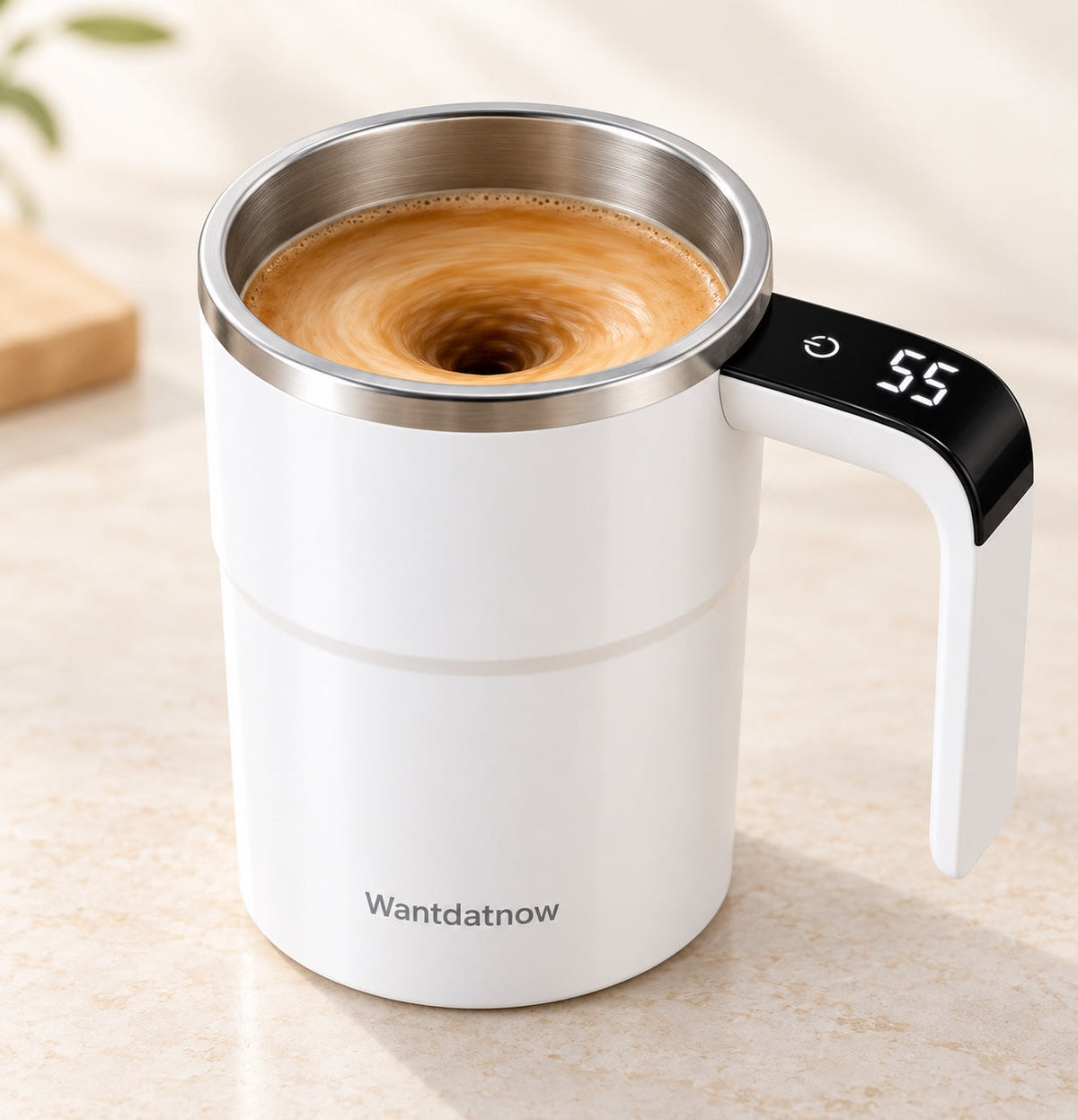 White WantDatNow self-stirring coffee cup