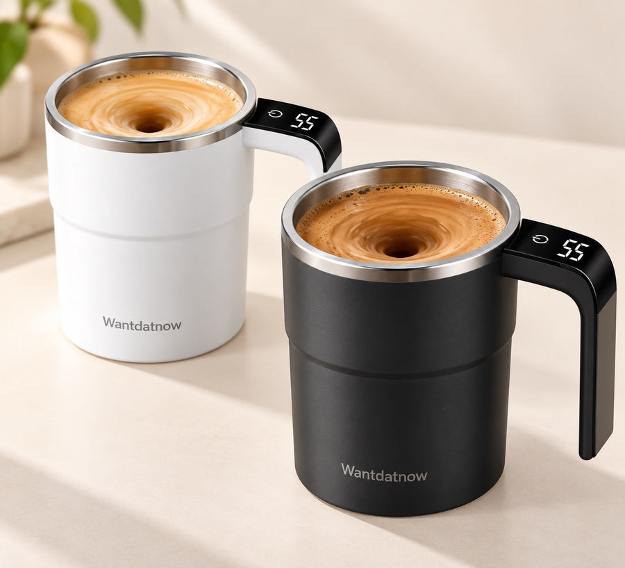 Black and white WantDatNow self-stirring coffee cups